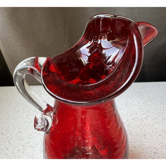 Blown Glass Red Vase Pitcher 5” Applied Clear Handle Crackle Glass Flute… - Picture 9 of 10
